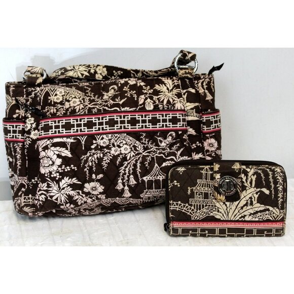 Vera Bradley Imperial Toile Retired Pattern Shoulder Tote Bag Purse Wallet Brow - Picture 1 of 11